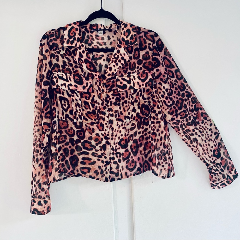 T Tahari Pink Black Leopard Print Slightly Cropped Boxy Lightweight Longsleeve M